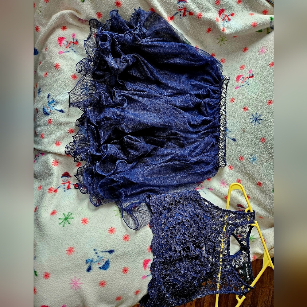 Elegant Navy Blue Lace Top and Skirt Set
